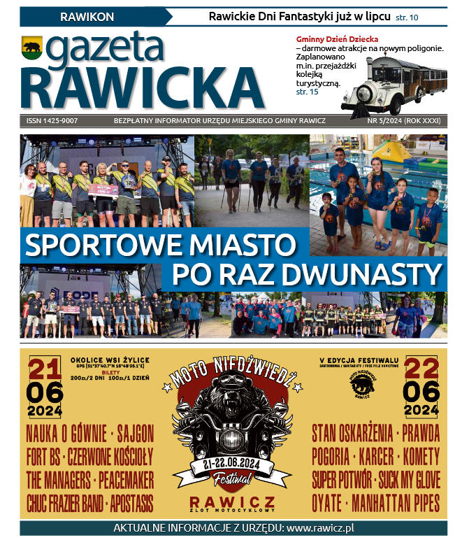 Na pierwszym planie okładki Gazety Rawickiej widoczne są zdjęcia z 12. edycji 24h Rawickiego Festiwalu Sportu.