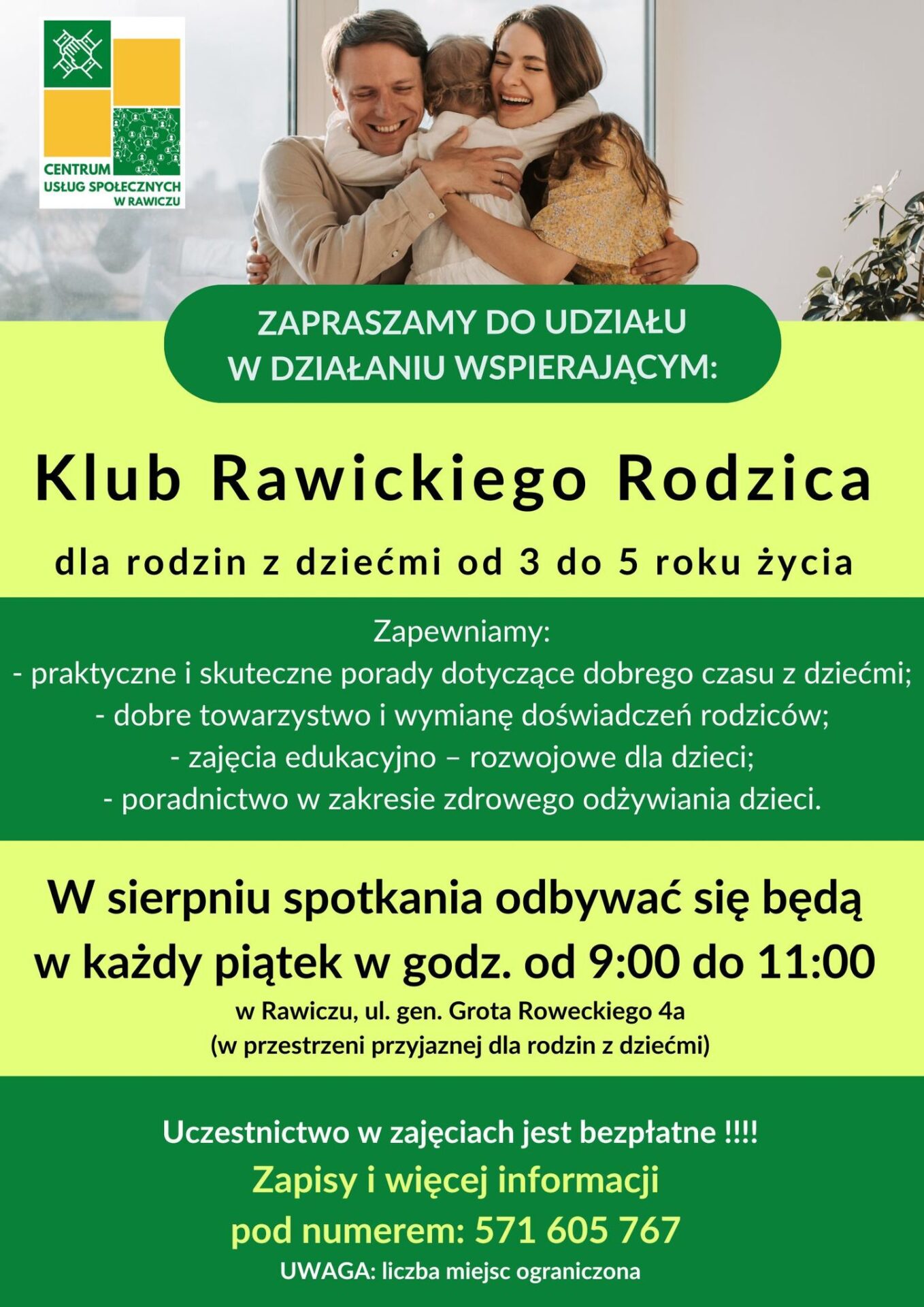 Na plakacie oprócz informacji o wydarzeniu widać logo CUS-u i rodziców z dzieckiem, które się przytulone do kobiety i mężczyzny.