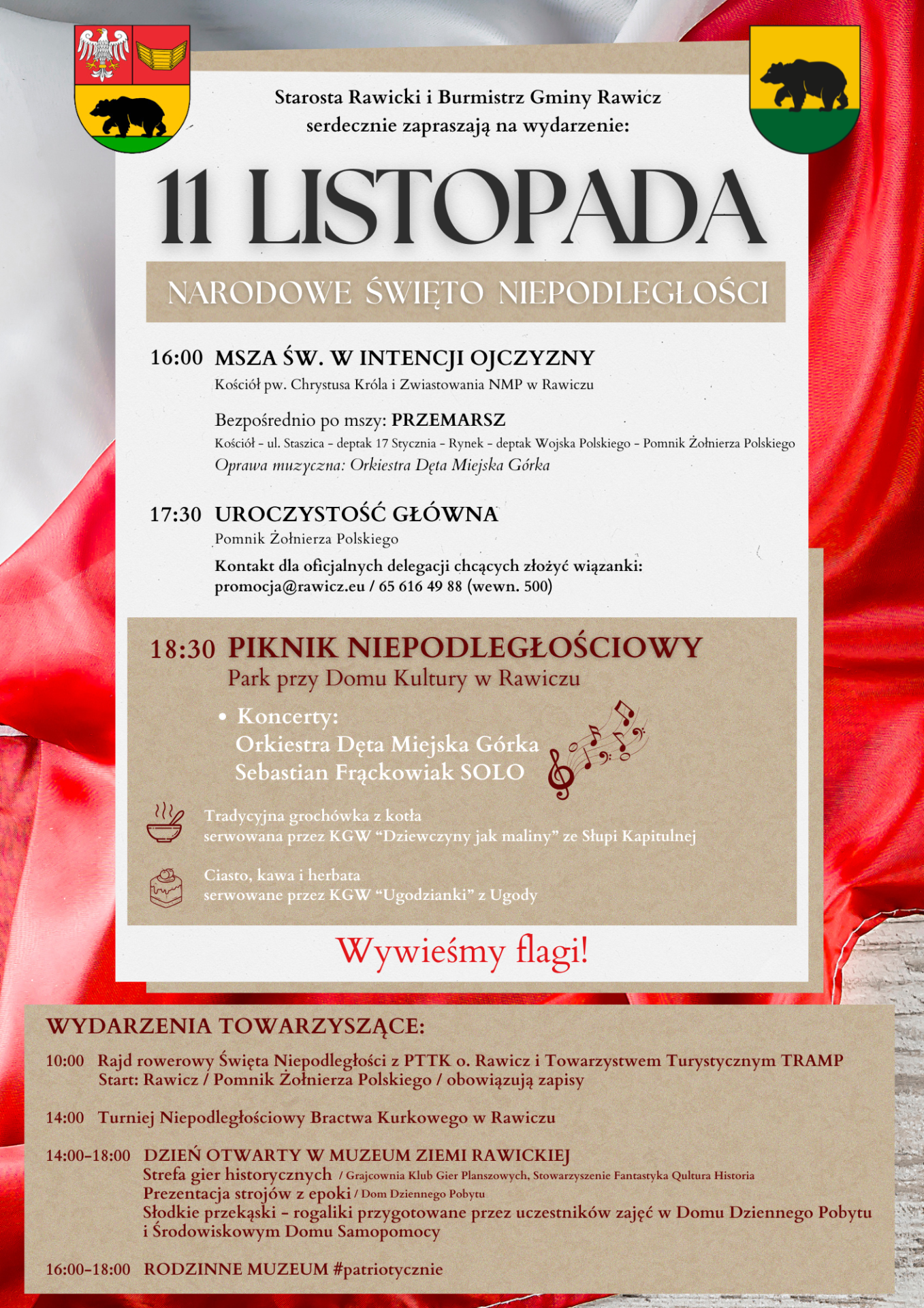 plakat biało-czerwone tło, program uroczystości 11 XI