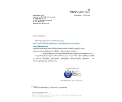 informacja o badaniach pól elektromagnetycznych