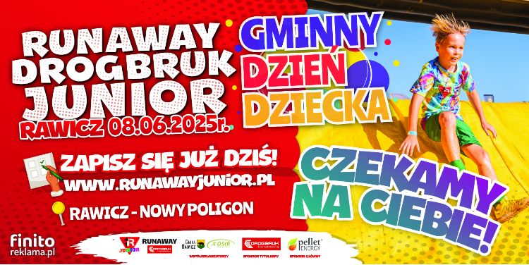 roześmiane dziecko na dmuchanej zjeżdżalni oraz informacje o wydarzeniu
