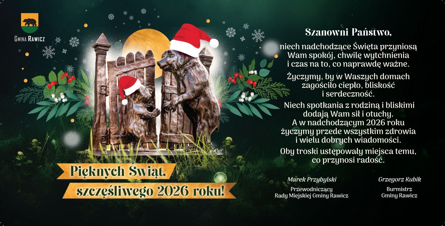 Życzenia świąteczne z grafiką rzeźby rawickich niedźwiadków