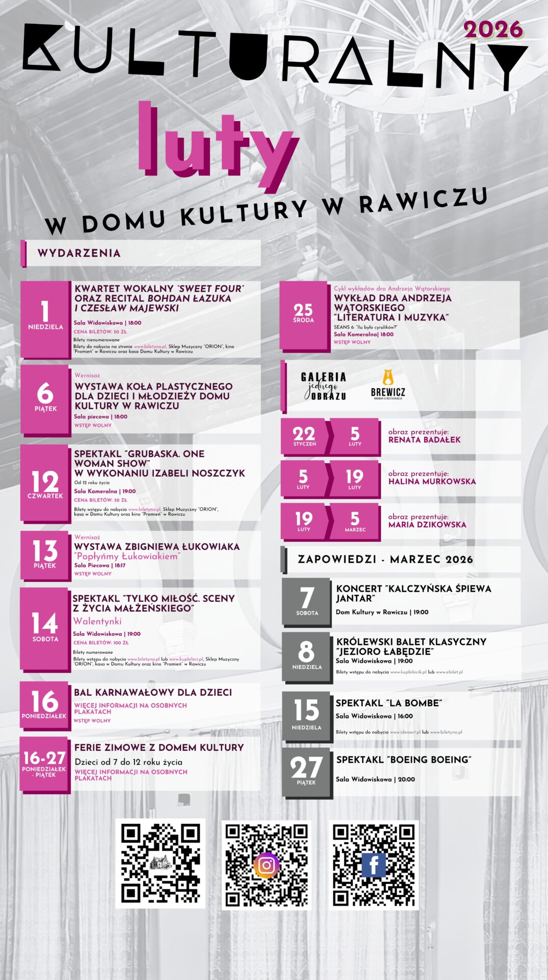 Informacje o wydarzeniach planowanych w lutym w Domu Kultury w Rawiczu.