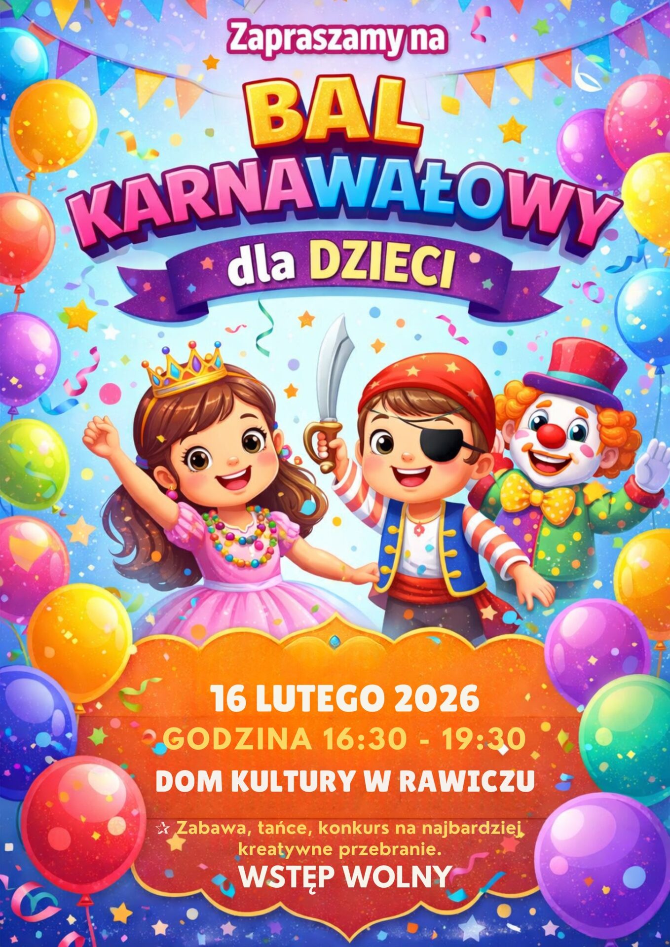 Informacje o wydarzeniu grafika z dziećmi przebranymi w bajkowe stroje.