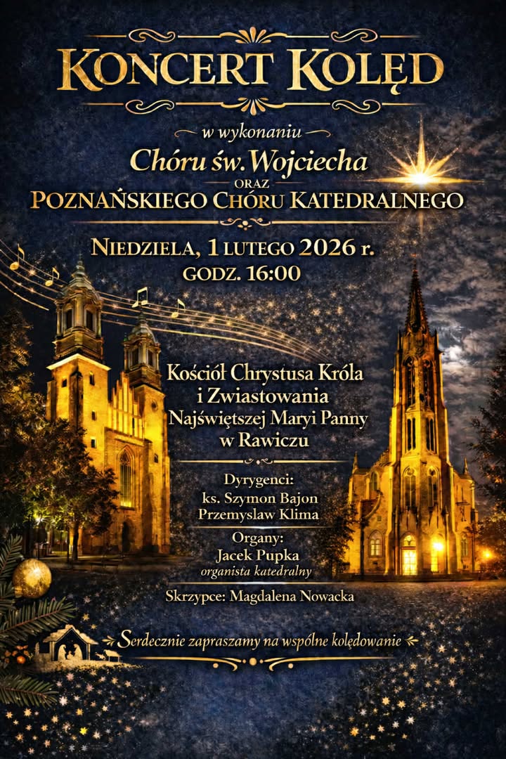 Informacja o wykonawcach, terminie i miejscu wydarzenia w tle kościół, w którym odbędzie się koncert.