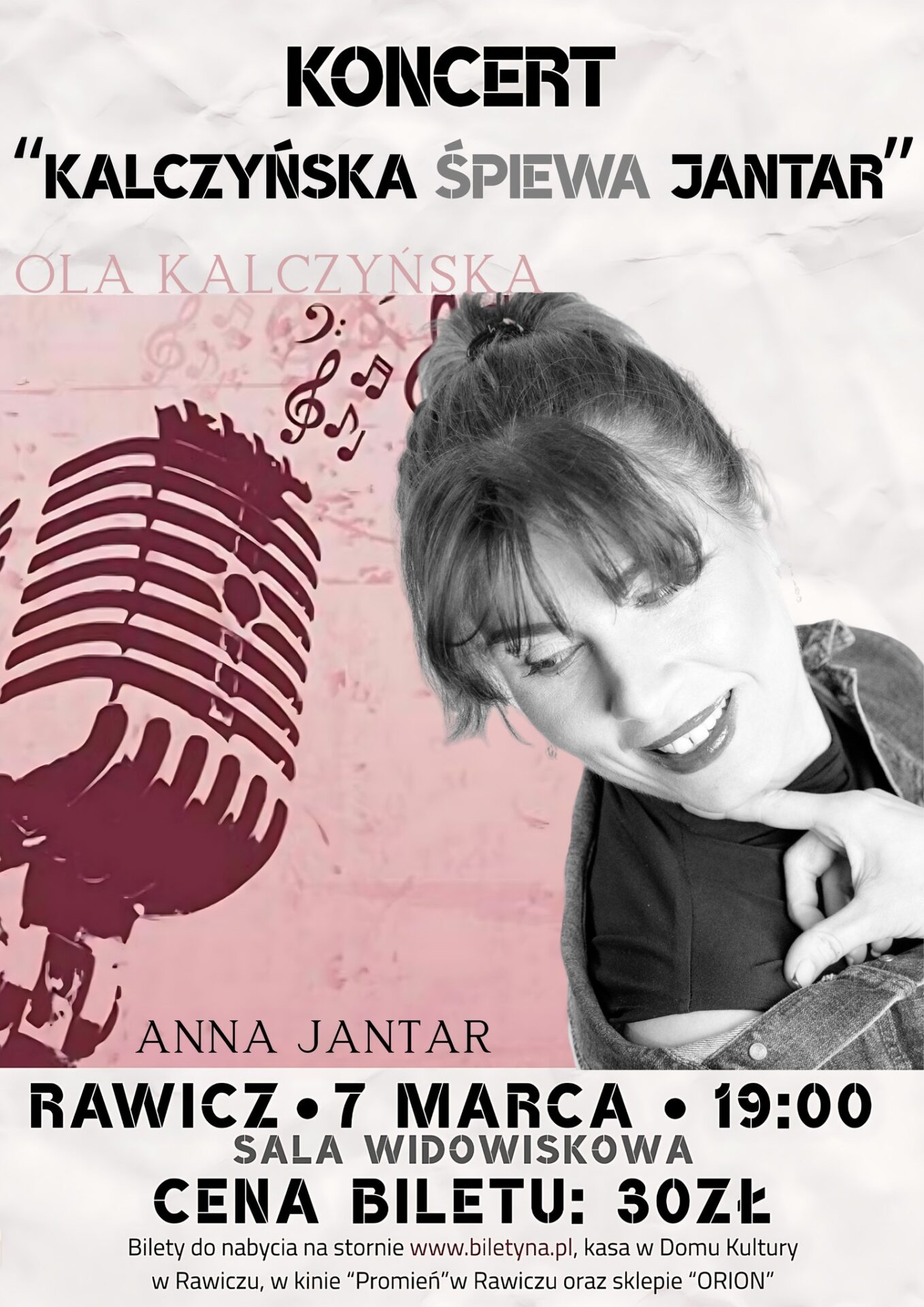 Informacje o koncercie, zdjęcie kobiety i grafika mikrofonu.