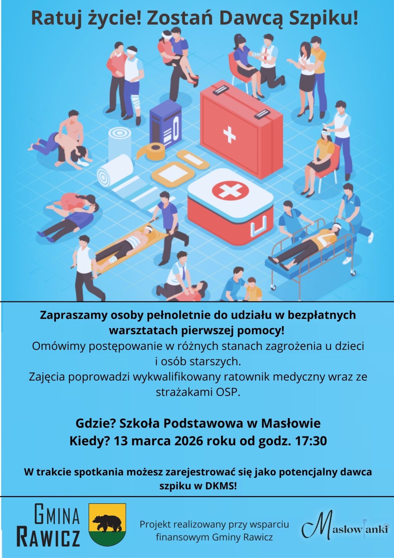 Informacje o bezpłatnych warsztatach pierwszej pomocy dla osób pełnoletnich.