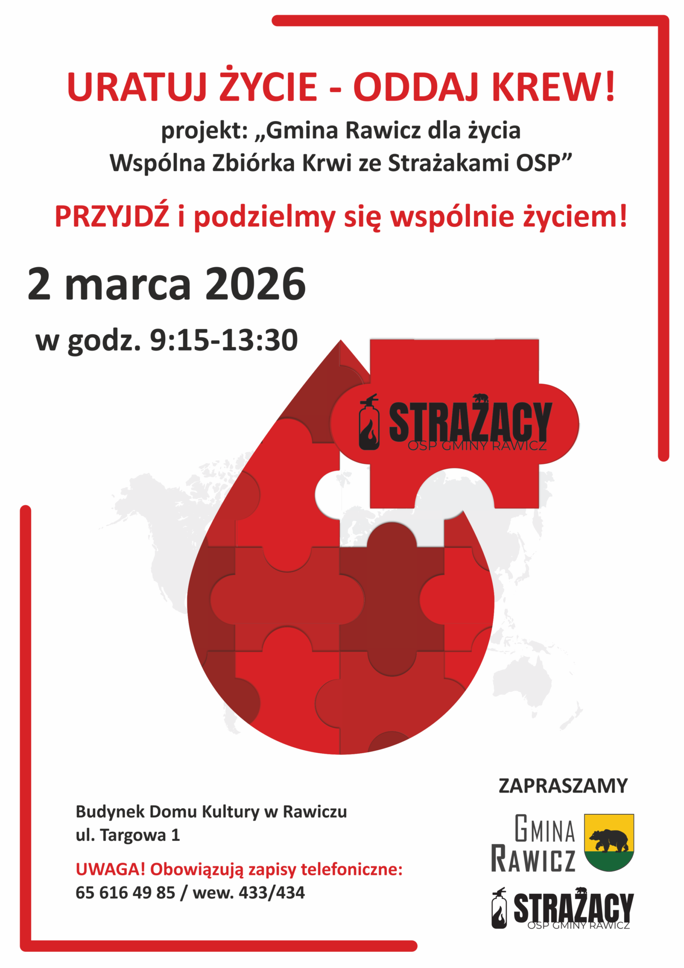 Kropla krwi i informacje o akcji honorowego krwiodawstwa.