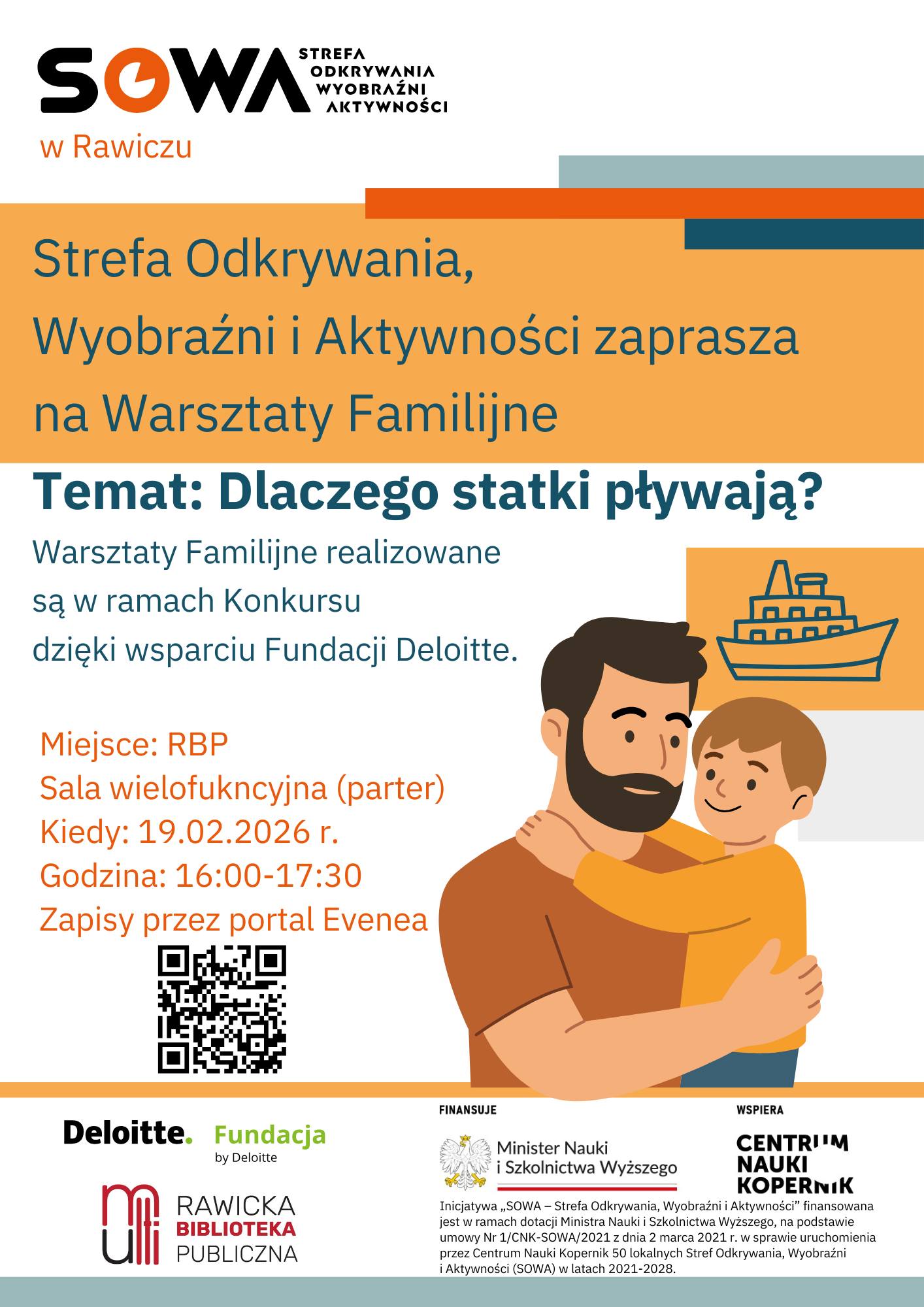 Informacja o wydarzeniu, grafika przedstawiająca ojca z synem na reku.