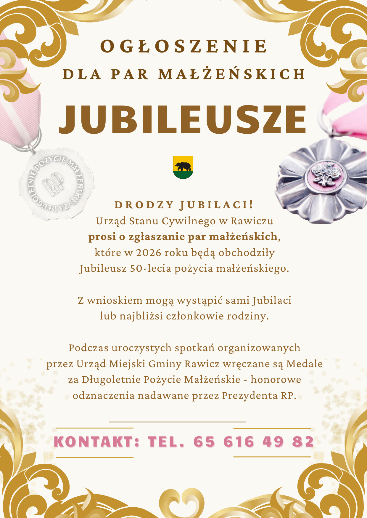 Informacja o mozliwości zgłaszania par małżeńskich do uhonorowania medalem Prezydenta RP.