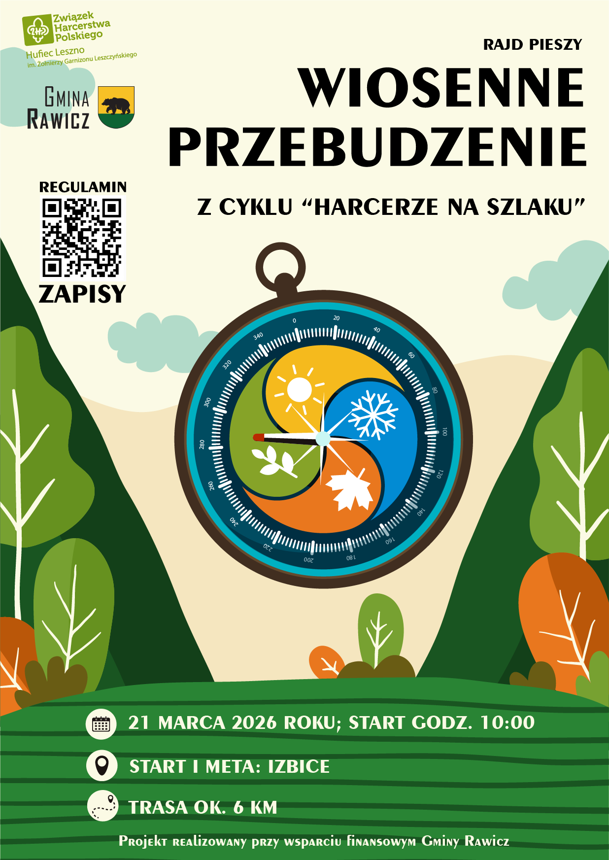 Kolorowa grafika z kompasem w centrum.