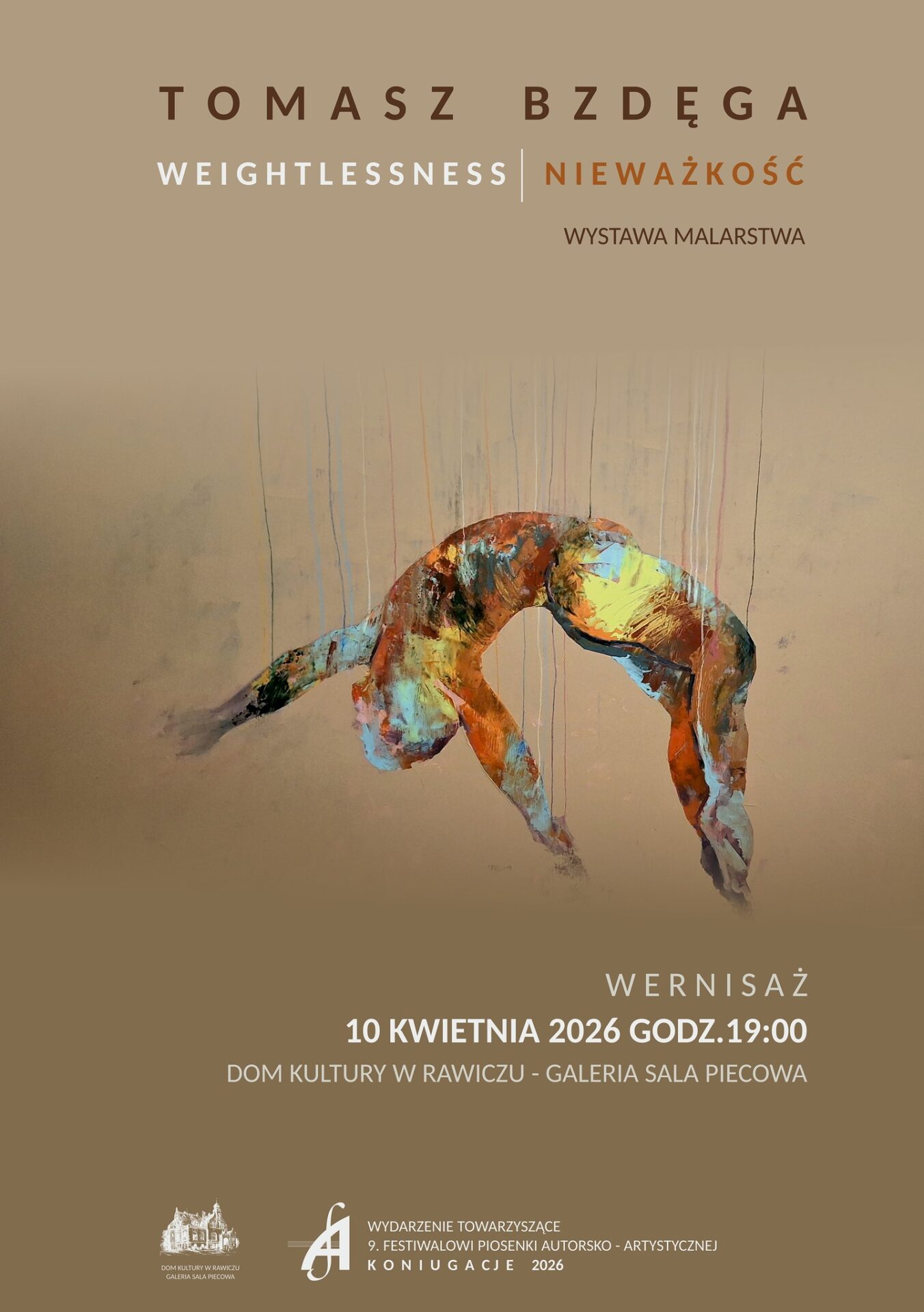 Obraz T. Bzdęgi przedstawiający postać w stanie nieważkości.