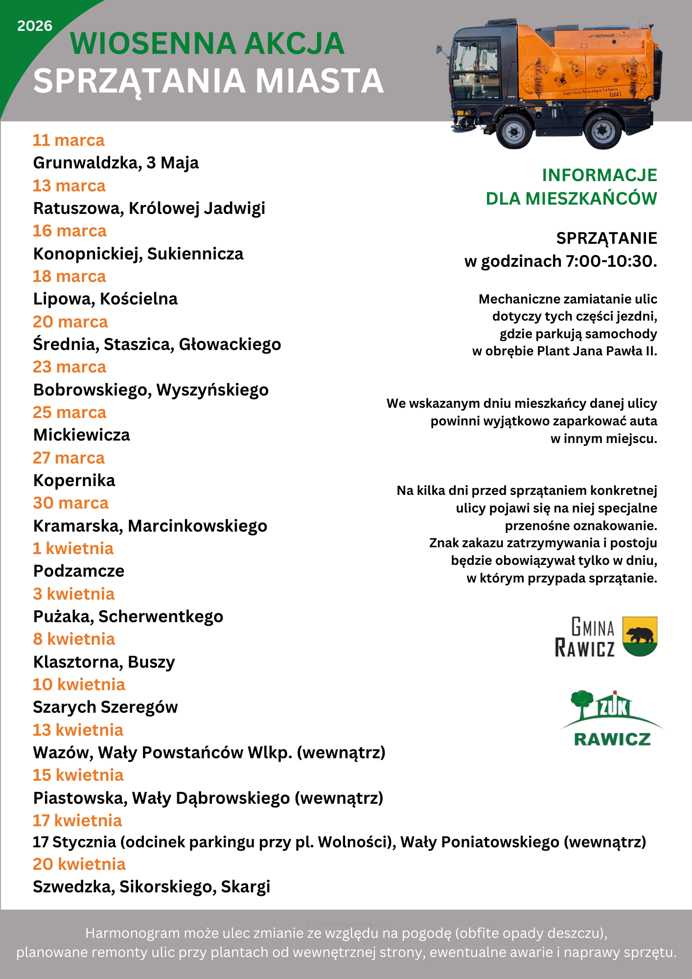 sprzątanie miasta lista ulic daty