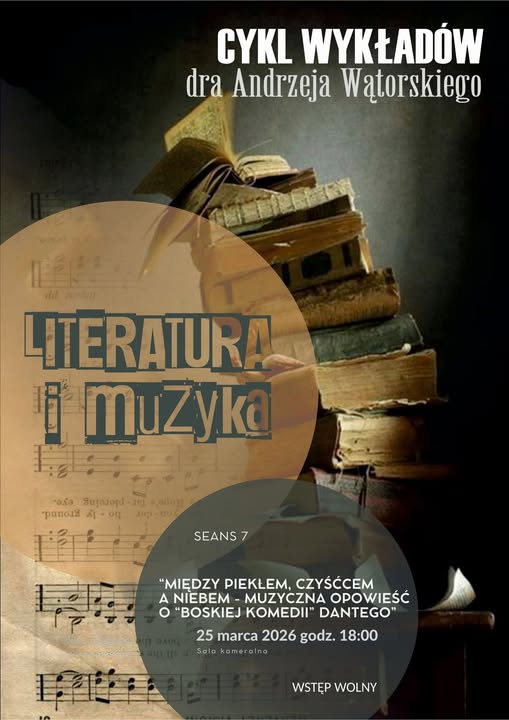 Informacja o wykładach. grafika przedstawia arkusze z nutami oraz stos książek.