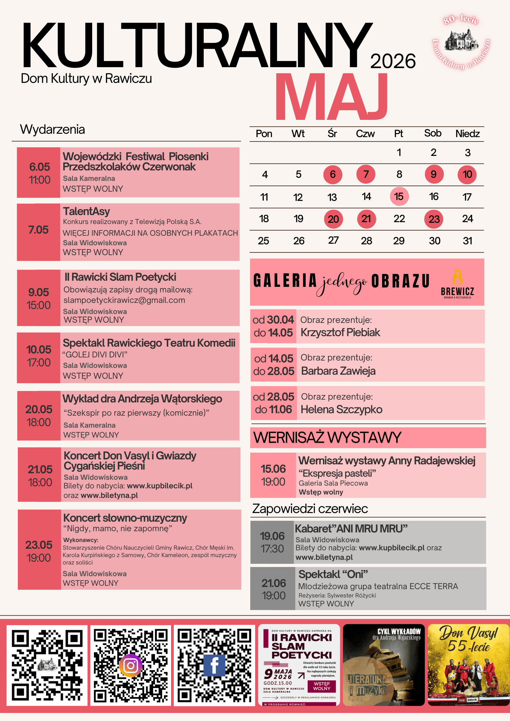 Informacja o wydarzeniach kulturalnych w maju.