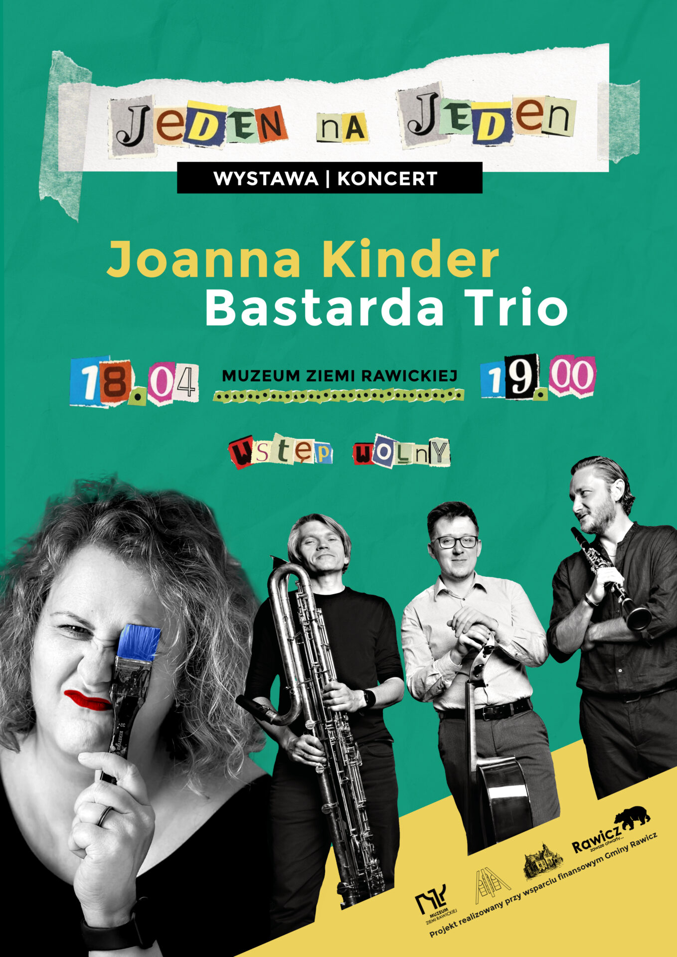 Muzycy i malarka na wspólnym plakacie oraz informacje o wydarzeniu.