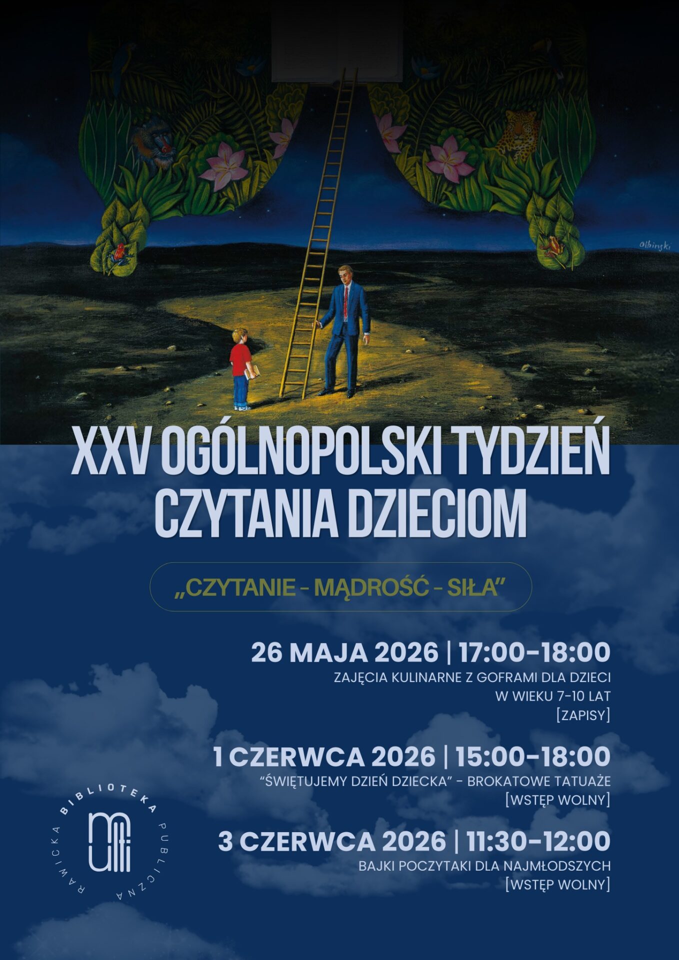Grafika przedstawiająca chłopca i mężczyznę przy drzewie. Informacje o wydarzeniu.