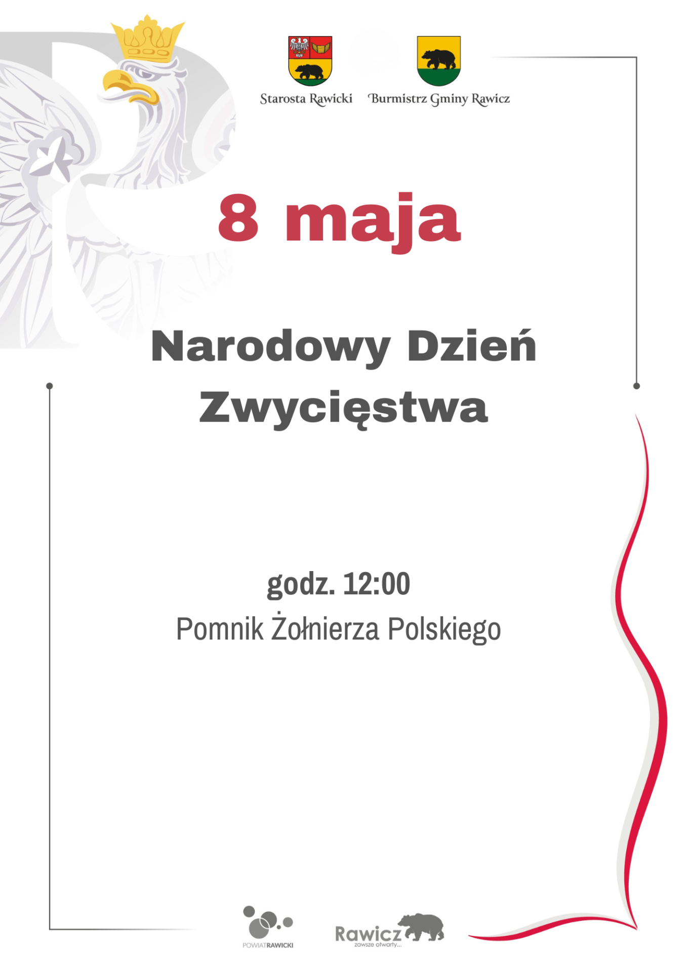 Informacje o wydarzeniu. Herb Gminy Rawicz i Powiatu Rawickiego. Grafika godła w tle.