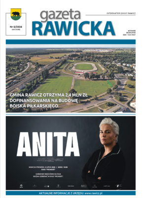 Okładka Gazety Rawickiej 5.26. Zdjęcie boiska z drona. Plakat filmu "Anita" o Anicie Włodarczyk.