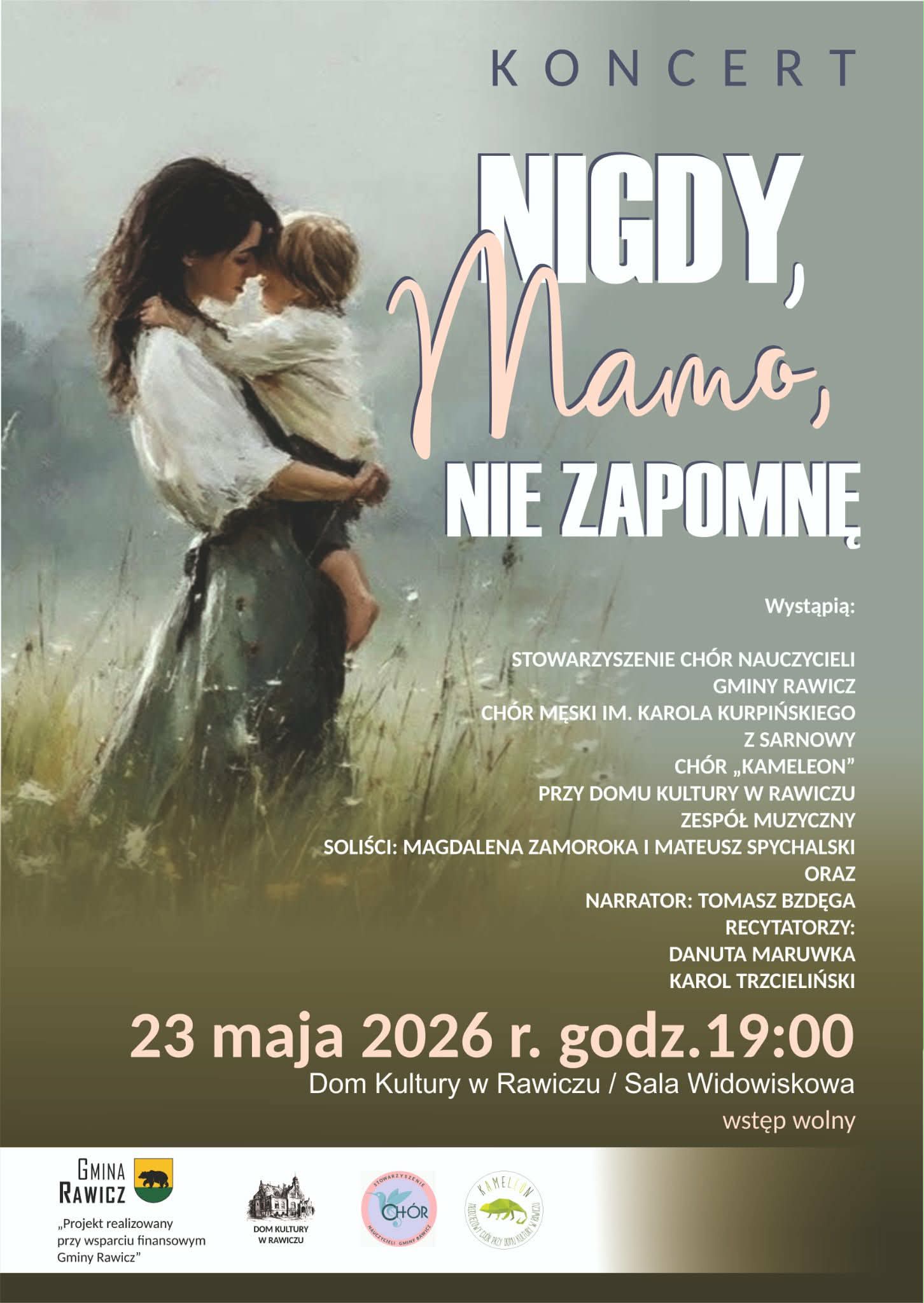 Grafika, młoda kobieta z dzieckiem na ręku, na łące. Informacje o wydarzeniu.
